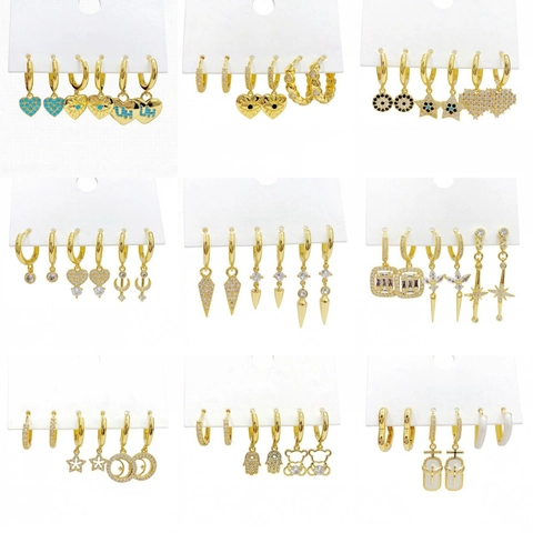 Real Gold Plated Copper Zircon Earring Collection Heart Evil Eye Star Moon Enamel Hamsa Hand Fashion Jewelry For Women