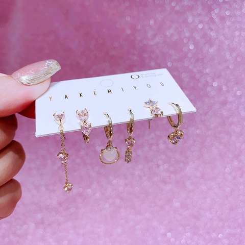 Luxury 14k Gold Post Copper Earrings Heart Zircon Flower Tassel Earrings Collection Pink Purple Gold Plated Jewelry