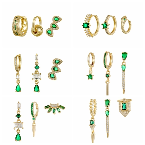Vintage Copper Real Gold Plated Green Cubic Zirconia Hoop And Stud Earrings Combination For Women Elegant Jewelry Gift