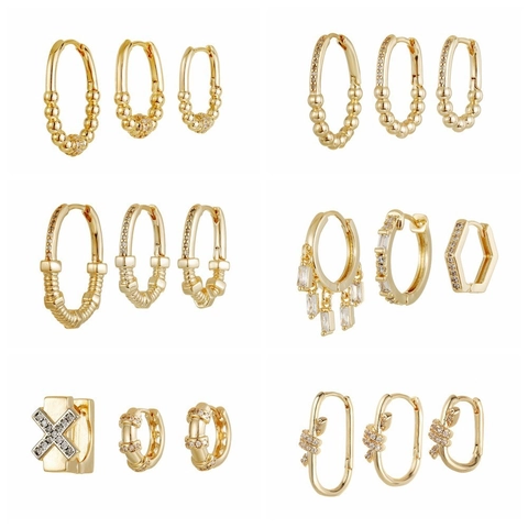 Vintage Copper Real Gold Plated Green Cubic Zirconia Hoop And Stud Earrings Combination For Women Elegant Jewelry Gift