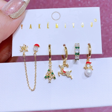 Christmas Earrings Set Gold Plated Copper Zirconia Reindeer Snowman Snowflake Christmas Tree Stud Earrings For Women Jewelry