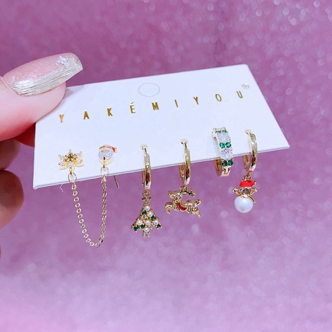 Christmas Earrings Set Gold Plated Copper Zirconia Reindeer Snowman Snowflake Christmas Tree Stud Earrings For Women Jewelry