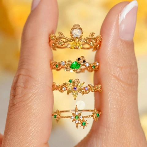 Verstellbarer Vergoldeter Kupferring Für Damen Mehrfarbiger Zirkonia Muschel Blume Tier Meerjungfrau Krone Kutsche Märchenstil Schmuck