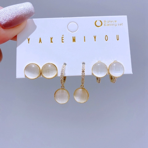 Cat Eye Stone Jewelry Earrings With Zircon 14K Gold Plated Copper Round Studs Hoops Ear Clips Fashion Commute Jewelry For Women