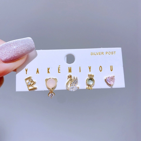 Asymmetric Gold Copper Cubic Zirconia Heart Swan Candy Crown Stud Earrings With 925 Sterling Silver Earring Post For Women