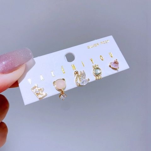 Asymmetric Gold Copper Cubic Zirconia Heart Swan Candy Crown Stud Earrings With 925 Sterling Silver Earring Post For Women