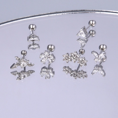 Edelstahl Zirkonia Ohrstecker Schraubverschluss Mode Piercing Schmuck Für Damen Silberfarben Blumen Schmetterling Stern Mond Muster