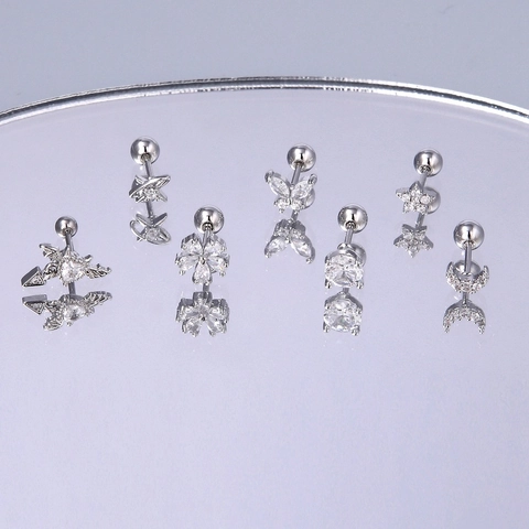 Edelstahl Zirkonia Ohrstecker Schraubverschluss Mode Piercing Schmuck Für Damen Silberfarben Blumen Schmetterling Stern Mond Muster