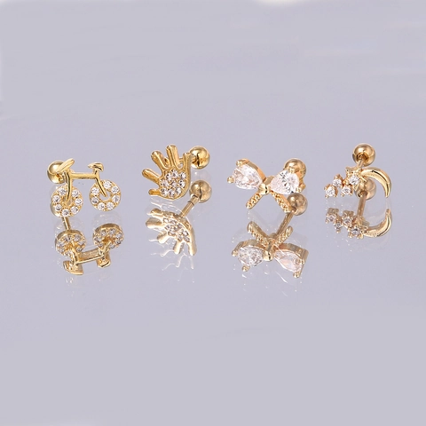 Edelstahl Zirkonia Schraubverschluss Ohrstecker Gold Plattiert Blume Stern Mond Fahrrad Kreuz Herz Ohrknochen Piercing Schmuck