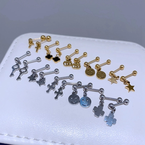 Edelstahl Kreuz Kleeblatt Smiley Anhänger Ohrstecker Echt Vergoldet Schraubverschluss Ohrknochen Piercing Schmuck