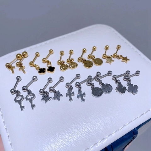 Edelstahl Kreuz Kleeblatt Smiley Anhänger Ohrstecker Echt Vergoldet Schraubverschluss Ohrknochen Piercing Schmuck