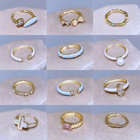 Gold Plated Copper Open Adjustable Ring For Women With Zirconia Artificial Pearl Enamel Niche Design Light Luxury Fashion Hand Jewelry