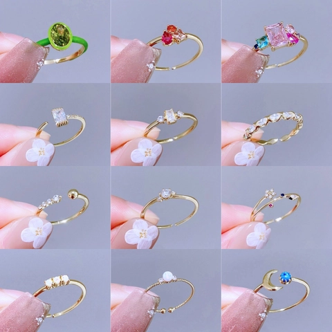 Luxus Gold Überzogener Kupferner Offener Ring Für Damen Einstellbare Bunte Zirkonia Muschel Perle Herz Stern Mond Schmuck Geschenk