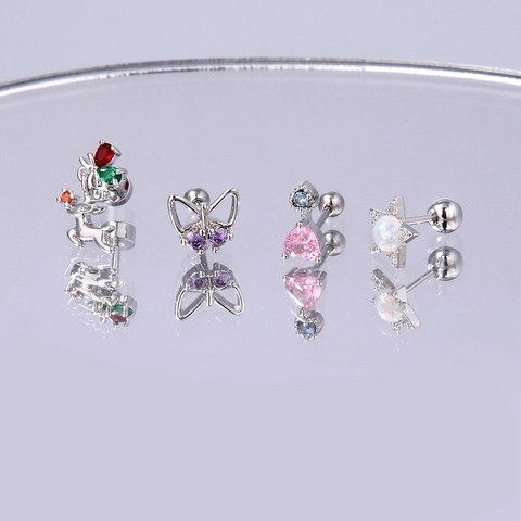 Edelstahl Zirkonia Piercing Ohrringe Für Damen Herz Stern Schmetterling Blume Rentier Schraubverschluss Ohrstecker Schmuck