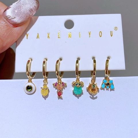Vergoldete Kupfer Zirkonia Creolen Set Damen Cartoon Bär Böser Blick Emaille Ohrhänger Mode Schmuck