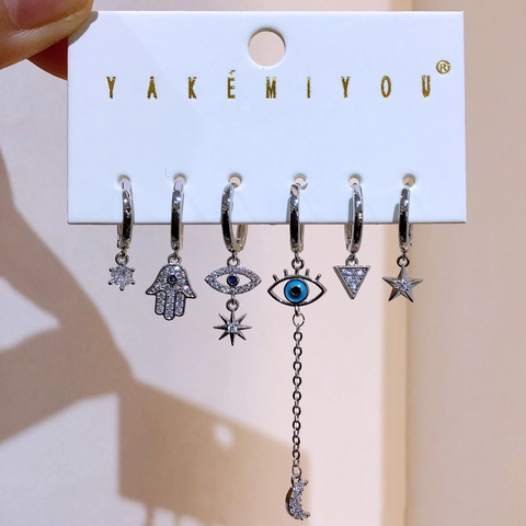 Kupfer Zirkonia Böser Blick Hand der Fatima Stern Mond Ohrringe Set Böhmisch Vergoldet Versilbert Damen Mode Schmuck