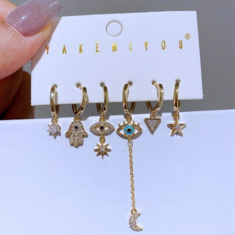 Kupfer Zirkonia Böser Blick Hand der Fatima Stern Mond Ohrringe Set Böhmisch Vergoldet Versilbert Damen Mode Schmuck