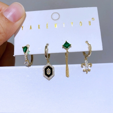 Vintage Gold Plated Copper Earring Collection Green Zirconia Black Enamel Fleur De Lis Tassel Drop Hoop Earrings For Women