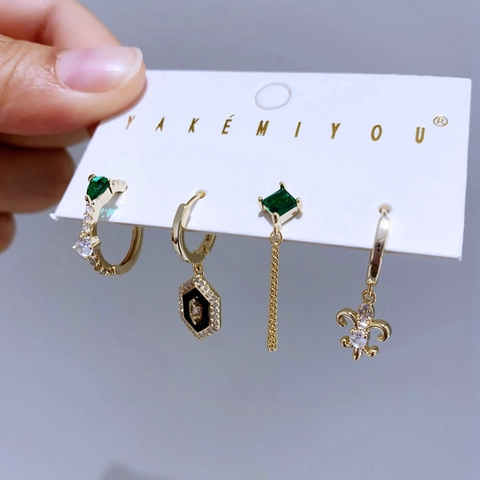 Vintage Gold Plated Copper Earring Collection Green Zirconia Black Enamel Fleur De Lis Tassel Drop Hoop Earrings For Women