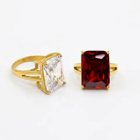 Vintage Punk 18K Gold Plated Stainless Steel Ring Large Emerald Cut Zirconia Inlaid Square Finger Ring For Women Jewelry