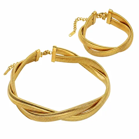 18K Gold Plated Stainless Steel Double Layer Twist Snake Bone Necklace Bracelet Jewelry Set For Women European Fashion Choker Bangle Set