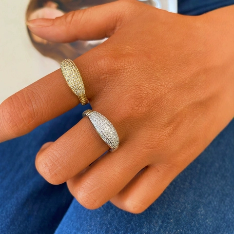 Copper 18K Gold Plated Zirconia Open Cuff Bracelet Ribbed Metal Design Pavé Setting Band Ring For Women Jewelry