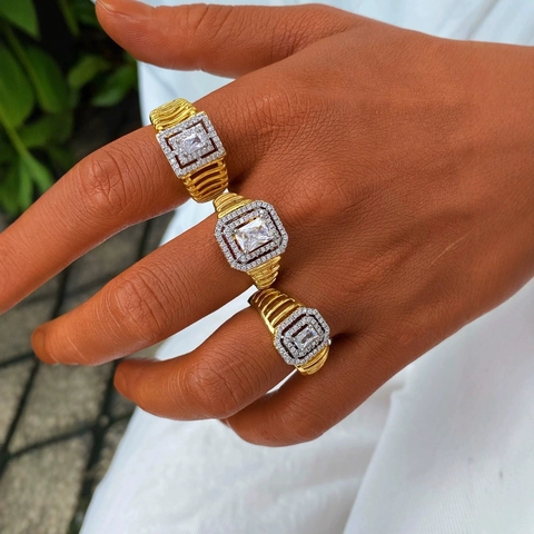 Bague Homme Luxe Cuivre Zircone Plaqué Or Halo Rectangulaire Texture Réglable Vintage Hip Hop Bijoux Mode