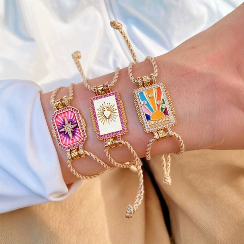 Bracelet Bohème en Corde Tissée Carte de Tarot pour Femme Cuivre Plaqué Or Émail Zircone Ajustable Soleil Cœur Étoile Bracelet