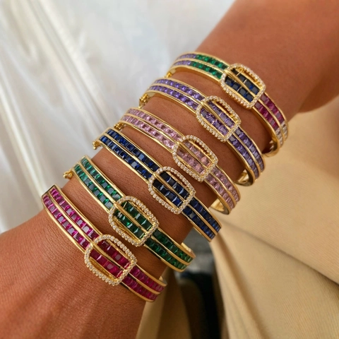 Luxe Jonc en Cuivre Plaqué Or 18K avec Boucle Femme Double Rangée Zircone Carrée Bijoux de Mode Bracelet de Fête
