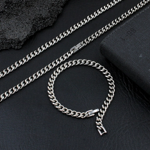 Minimalist Stainless Steel Cuban Link Jewelry Set For Women High Polished Curb Chain Necklace And Bracelet Hip Hop Jewelry