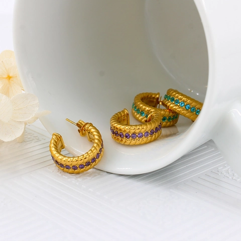 Vintage Stainless Steel C Shaped Hoop Earrings Women Twisted Braid Texture Rhinestone Faux Pearl Inlaid Elegant Jewelry