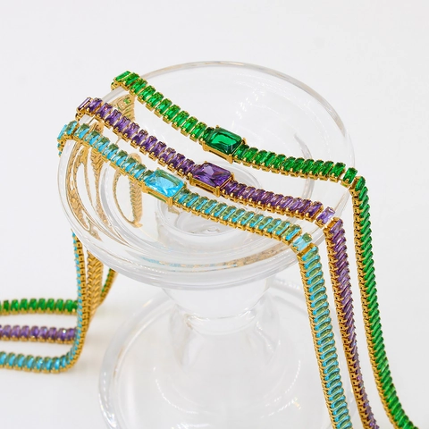 Retro Stainless Steel Gold Plated Baguette Cut Colorful Zircon Jewelry Set For Women Geometric Tennis Chain Necklace Bracelet