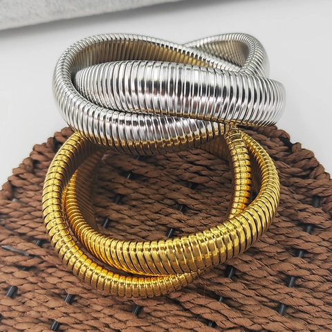 Lussuoso Bracciale Rigido Avvolgente Tubogas in Acciaio Inossidabile per Donna Oro Argento Galvanico Doppio Strato Flessibile Gioielli a Serpente