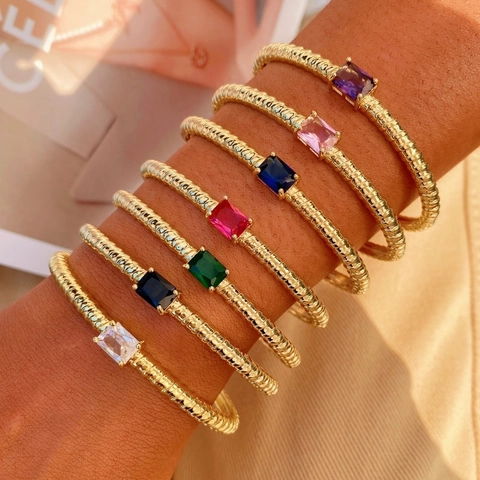 Bracciale Rigido a Costine in Ottone Placcato Oro 18K Con Zircone Rettangolare Bracciale Geometrico Minimalista Gioielli da Donna Party