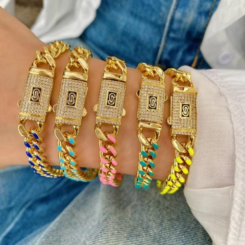 Lussuosa Collana Bracciale Catena Cubana in Rame Placcato Oro 18K Smalto Colorato Zirconia Intarsiata Chiusura a Scatola Logo S Gioielli Hip Hop Per Uomo Donna