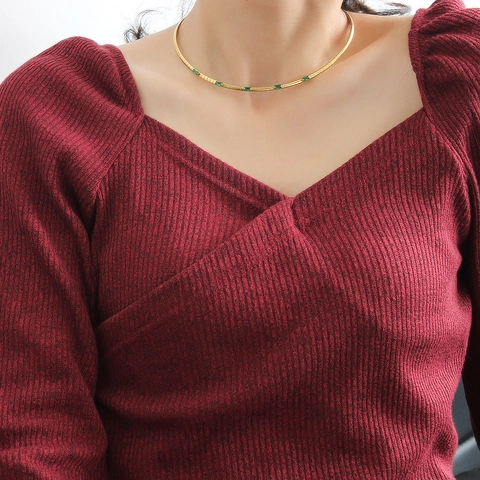 Ensemble Collier et Bracete en Acier Inoxydable Zirconia Blanc et Vert Plaqué Or Ras de Cou Chaîne Serpent Bijoux de Mode pour Femmes