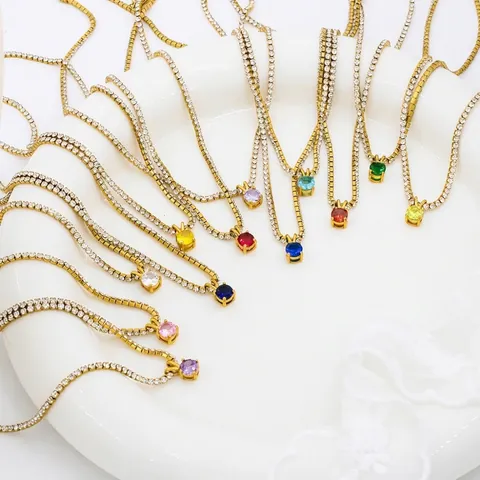 Women's Gold Plated Stainless Steel Birthstone Pendant Necklace Zirconia Tennis Chain Geometric Jewelry Birthday Gift For Her