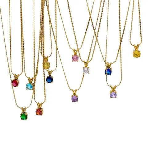 12 Month Birthstone Pendant Necklace For Women Stainless Steel Gold Plated Cubic Zirconia Daily Jewelry Birthday Gift