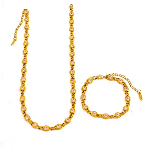 Fashion Copper Jewelry Set 18K Gold Plated Colorful Cubic Zirconia Necklace And Bracelet For Women Light Luxury Daily Party Accessory