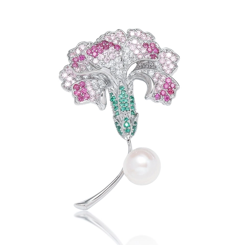 Elegant Copper Zirconia Carnation Flower Brooch With Freshwater Pearl Exquisite Bouquet Corsage For Women Wedding Party Gift Jewelry