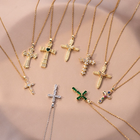Mode Kupfer Zirkonia Kreuz Anhänger Halskette Für Damen Luxus Gold Silber Vergoldet Geometrische Kreuz Kette Schmuck Party Geschenk