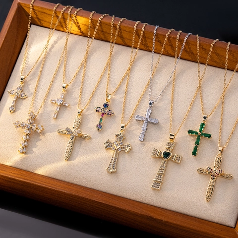 Mode Kupfer Zirkonia Kreuz Anhänger Halskette Für Damen Luxus Gold Silber Vergoldet Geometrische Kreuz Kette Schmuck Party Geschenk