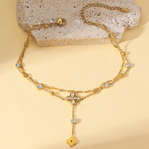 Mode Doppelreihige Edelstahl Blumen Fußkettchen Für Damen Vergoldet Zirkonia Quaste Glück Vierblättriges Kleeblatt Strand Schmuck