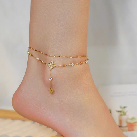 Mode Doppelreihige Edelstahl Blumen Fußkettchen Für Damen Vergoldet Zirkonia Quaste Glück Vierblättriges Kleeblatt Strand Schmuck