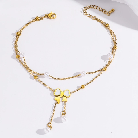 Fashion Stainless Steel Anklet For Women Gold Plated Double Layer Heart Butterfly Zirconia Faux Artificial Pearl Charm Foot Jewelry