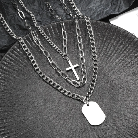Collar Multicapa de Acero Inoxidable Unisex Con Colgante de Cruz Dog Tag Joyería Estilo Callejero Tono Plateado