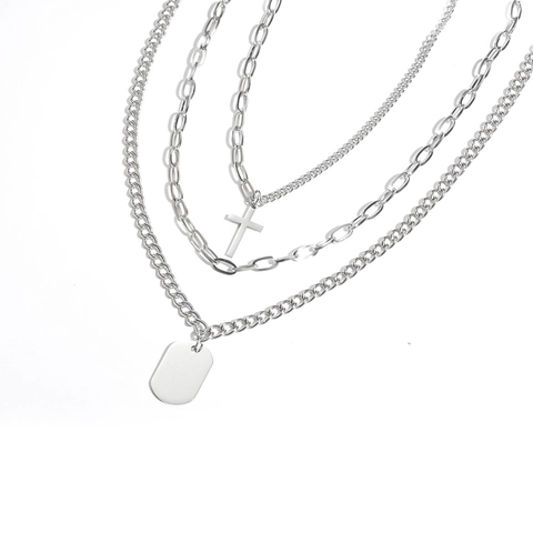 Collar Multicapa de Acero Inoxidable Unisex Con Colgante de Cruz Dog Tag Joyería Estilo Callejero Tono Plateado