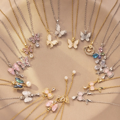 Collar de Colgante de Mariposa Francés Cadena de Acero de Titanio Inoxidable Zirconia Nácar Concha Borla Joyas Mujer