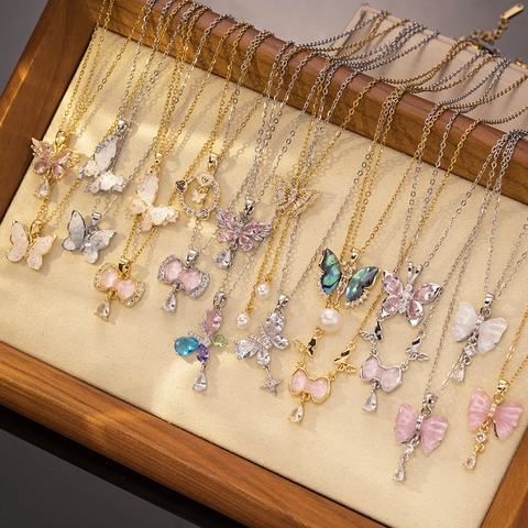 Collar de Colgante de Mariposa Francés Cadena de Acero de Titanio Inoxidable Zirconia Nácar Concha Borla Joyas Mujer