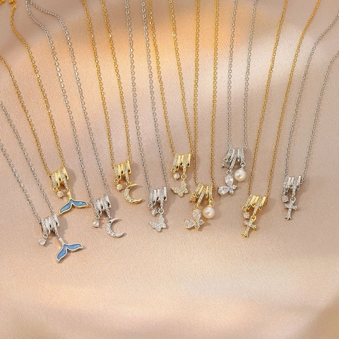 Charmante Kupfer Strass Anhänger Halskette Zarte Kristall Schmetterling Stern Kreuz Mond Fischschwanz Eingelegte Halsketten Elegante Tägliche Schmuck Geschenk Für Damen